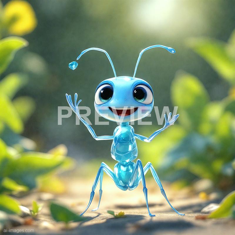 The image features an animated, cartoon-like blue ant with a shiny, translucent body standing outdoors on a sandy surface surrounded by green plants. The ant has large, expressive black eyes, a wide smiling mouth, and two antennae that curl outward, with one of them holding a small blue heart-shaped object. The background is blurred with warm sunlight filtering through foliage, creating a cheerful and lively atmosphere.
